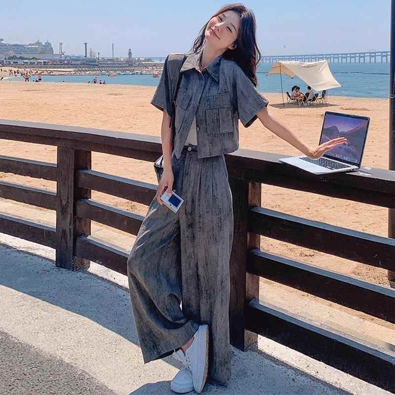 时尚休闲套装女夏季2025新款轻熟高级感短袖衬衫上衣阔腿裤两件套