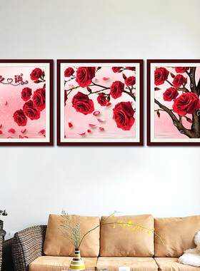 青飞精准印布花之语十字绣三联画5D立体绣红新款玫瑰客厅卧室挂画