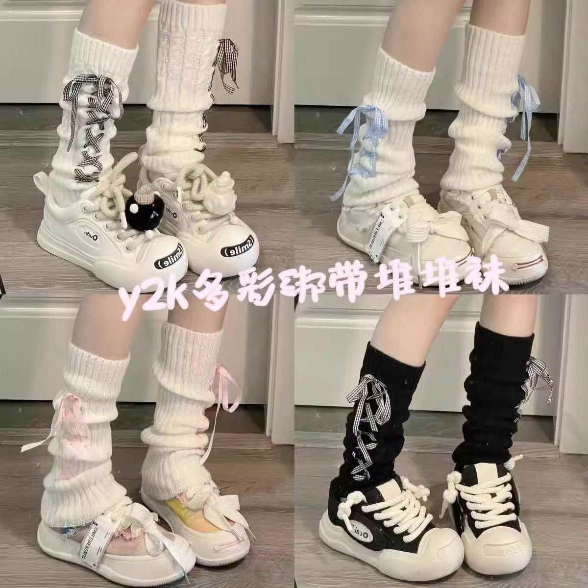 女童y2k少女亚文化小众腿套幼儿园显瘦格纹蝴蝶结绑带堆堆袜宝宝