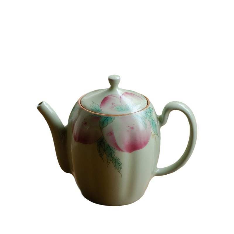 且来秘黄汝窑寿桃茶壶花瓣泡茶壶中式家用陶瓷茶具仿宋高壶不烫手