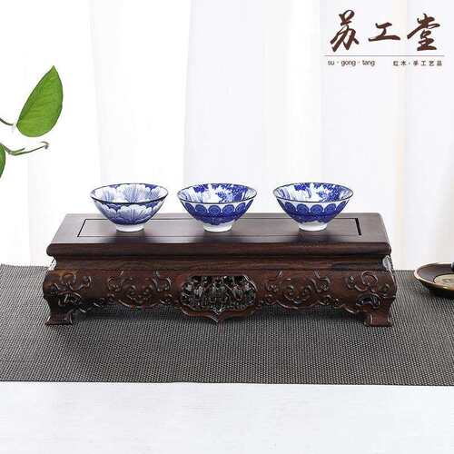 黑檀如意三套座直实木雕刻工SYT-2209艺品长方形茶壶茶底具底座摆