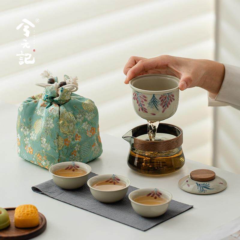 手绘紫藤花草木灰快客杯陶瓷旅行茶具套装便携式户外喝茶一壶三杯