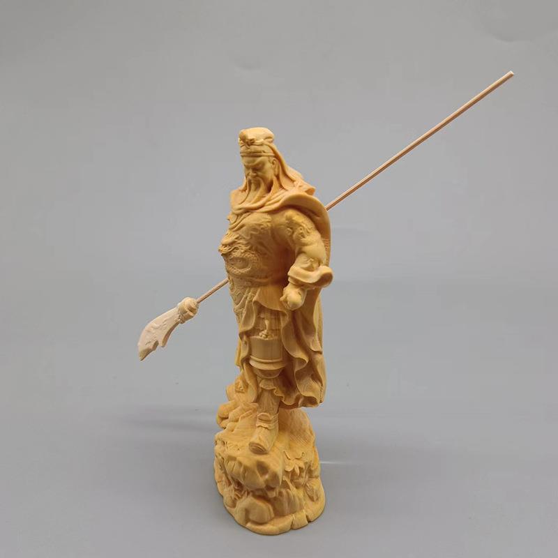 大叶黄杨木雕刻披风关公款摆件规格120×52×36书桌摆饰工艺厂家