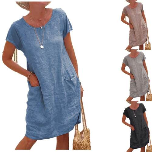 Pocket short sleeved washed cotton linen dress for