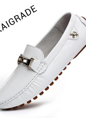 高档皮2024新款软豆豆鞋男真底白色男士休闲皮鞋韩版懒人男鞋驾车