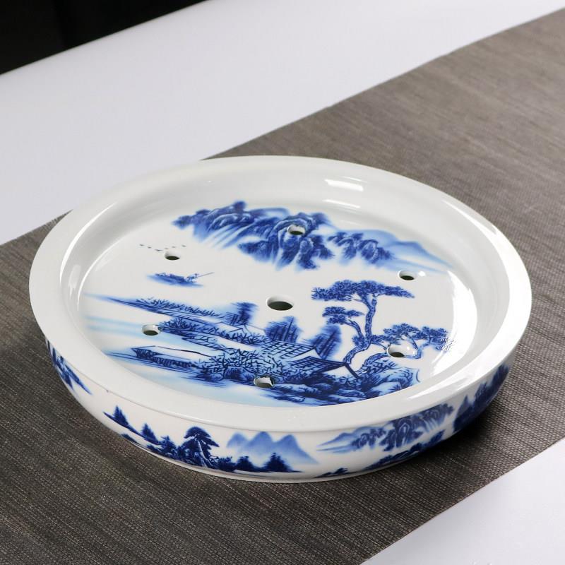 家用12寸青花瓷圆形茶盘大号陶瓷双层储水功夫茶台茶洗个性托 托
