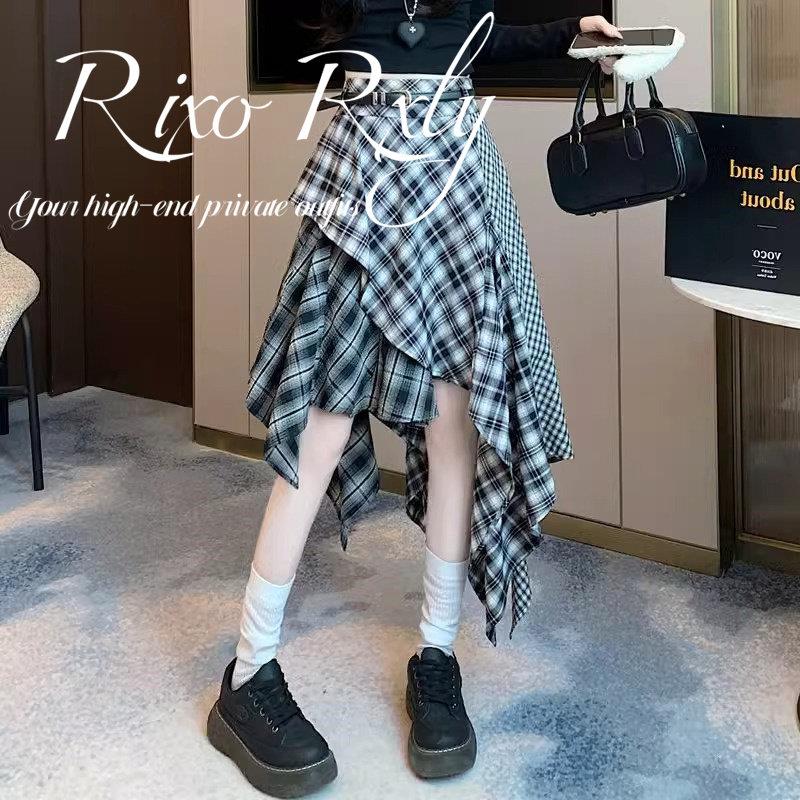 RIXO黑白格子半身裙 复古拼接设计压褶短裙 高腰荷叶边中长裙