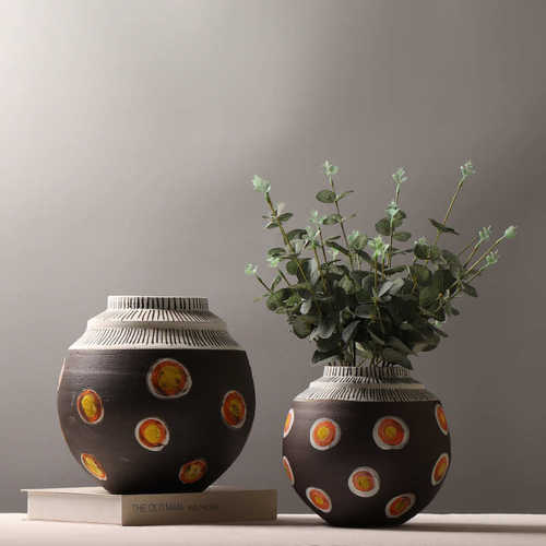 侘寂客厅插花装饰复古拼色粗陶花瓶中式ins风民宿禅意干花摆件