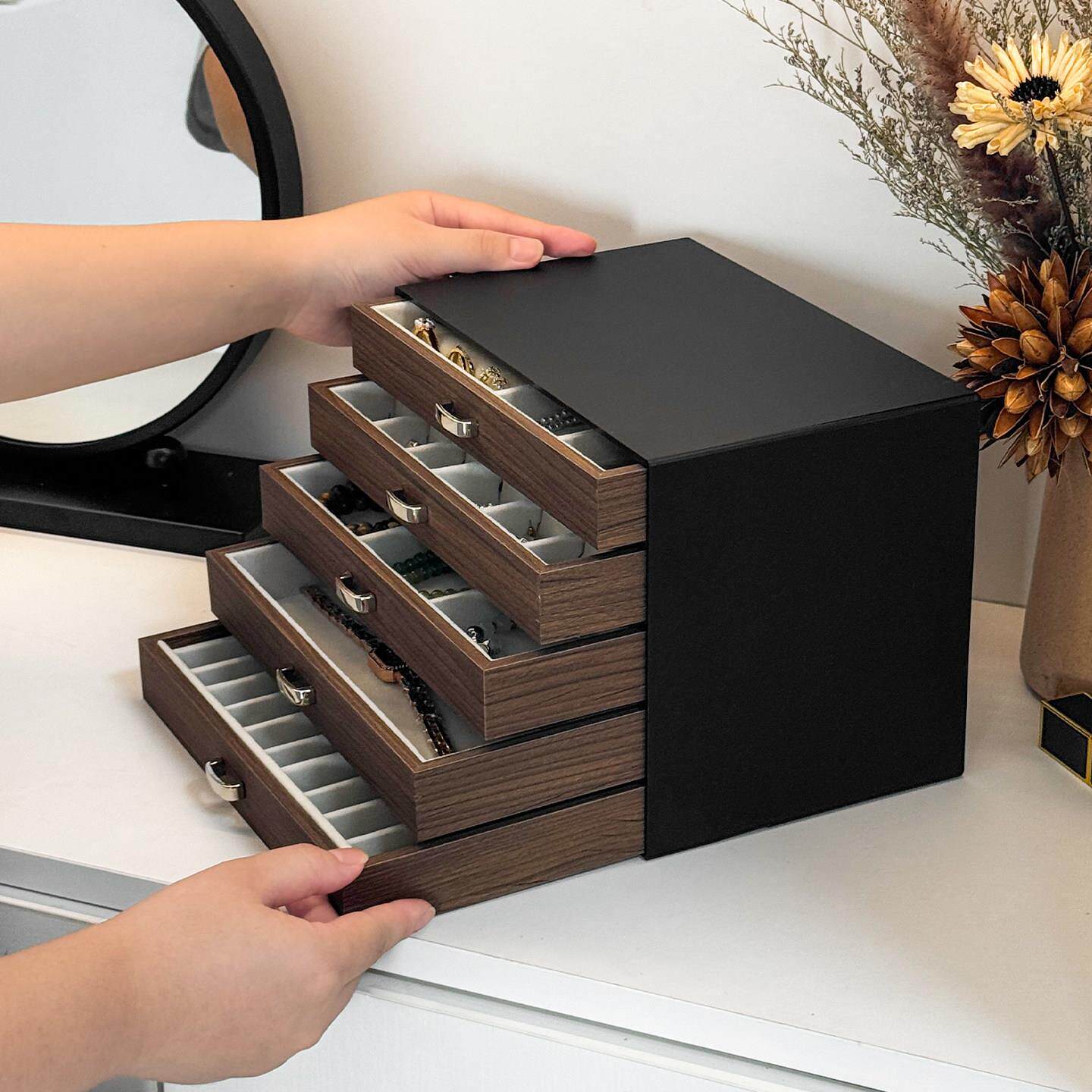 新款首饰收纳盒高档精致抗氧化耳针戒指项炼大容量木质抽屉饰品盒