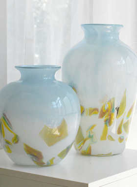 高级彩色琉璃中古芬顿奶黄色创意玻璃花瓶客厅茶几家居插花装饰