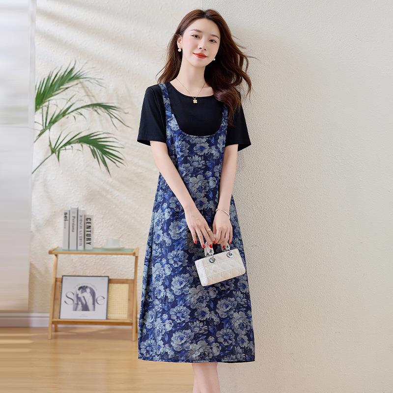 气质假两件拼接印花松背带连衣裙裙龄女夏新款宽洋气减休ZYU897M