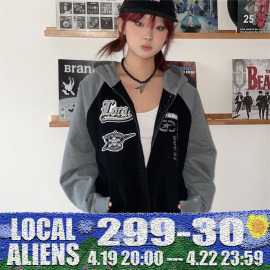 local aliens外星沙龙骷髅刺绣贴布插肩拉链连帽卫衣街头宽松外套