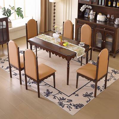 法式中古风实木餐桌榫卯结构饭桌长方形带椅组合家用小户型西餐桌