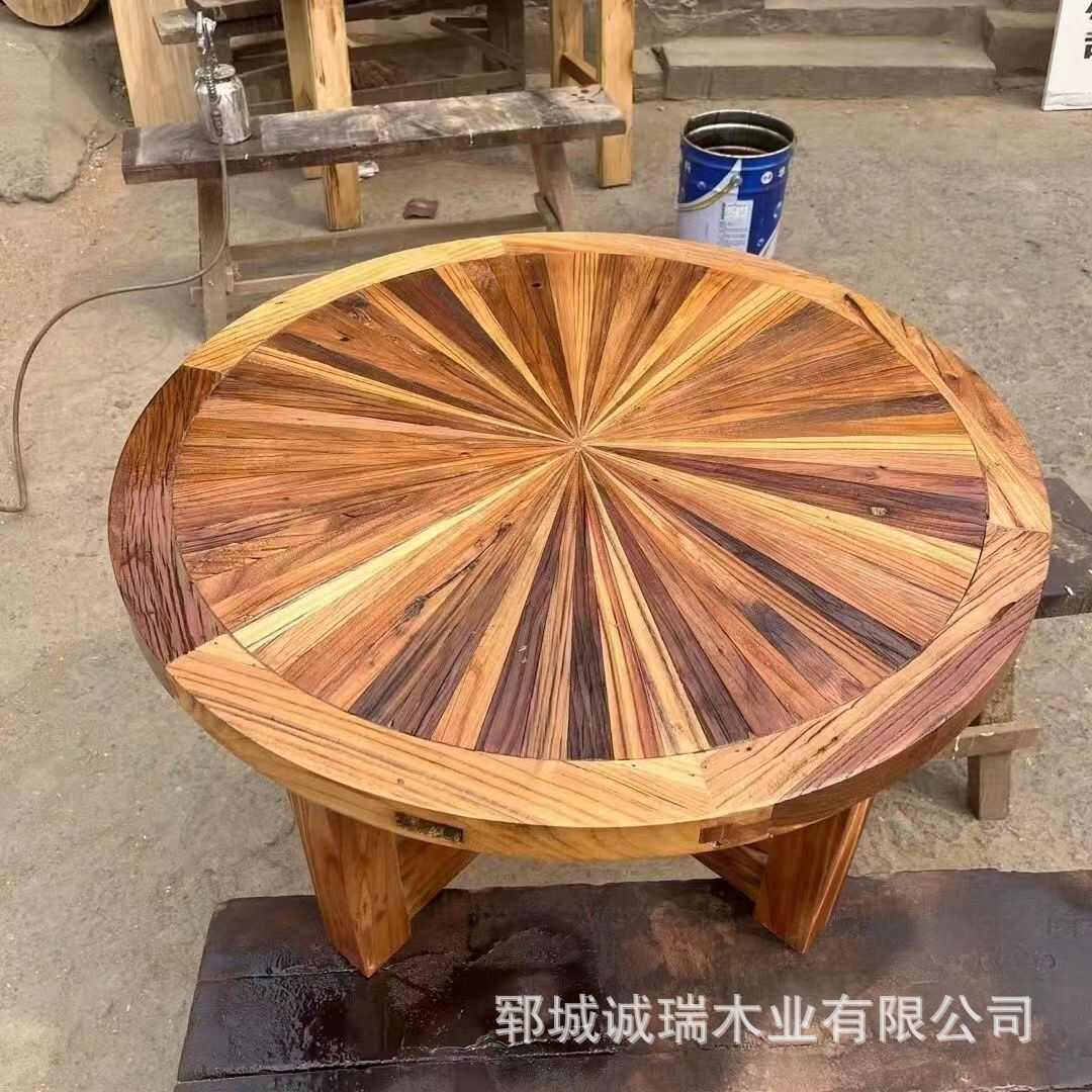 北方老榆木拼花圆桌民宿实木拼接圆形桌子家用阳台小茶几茶台木桌