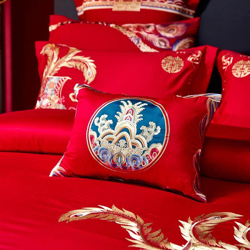 新款大色纯棉小抱枕带芯精致刺红婚床品子孙枕婚庆配件 绣可拆结