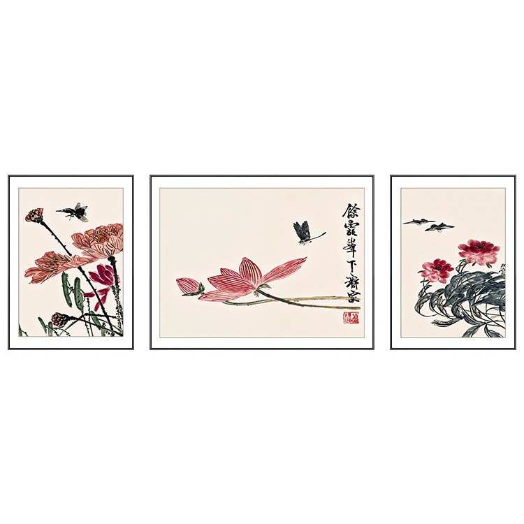 沙发中墙壁画荷花三联装饰画禅意山水新国风中式水墨画客厅背景