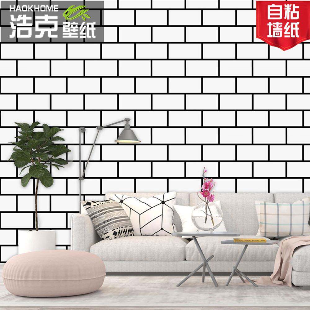 北欧简约白色砖纹自粘墙纸黑白格白砖服装店奶茶店卧室背景墙壁纸
