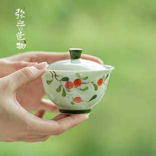 功夫泡茶碗茶杯高档茶具 弥言纯手绘柿柿如意盖碗单个陶瓷家用中式