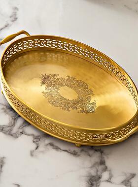 黄铜托盘圆形果盘雕刻花纹镂空彷覆古中古风格香薰收纳盘