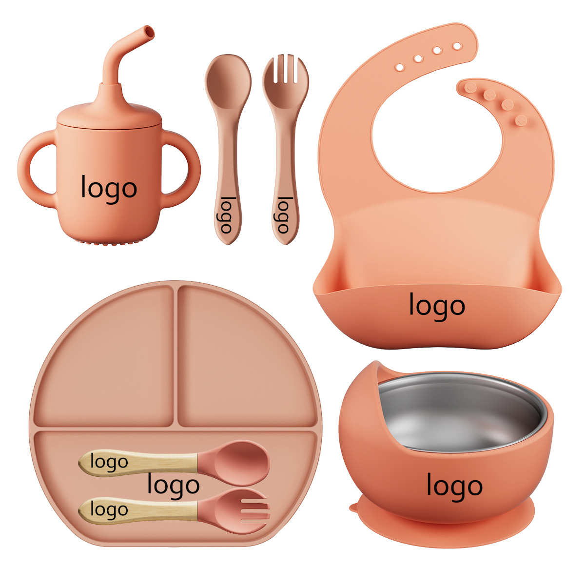 儿童硅胶餐具8件套 婴幼儿带吸盘餐盘餐碗宝宝喂养辅食勺围兜批发