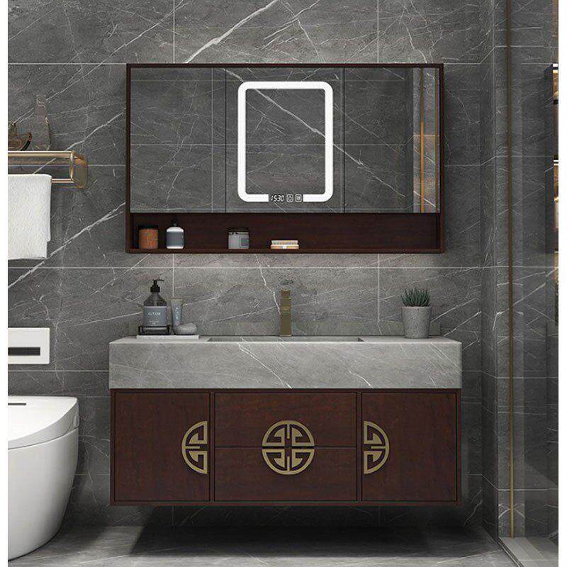 现代新中式浴室柜智能镜橡木卫生间洗手脸盆挂墙柜岩板组合一体陶