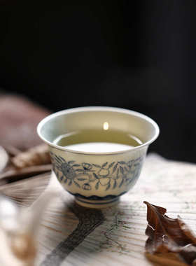 晴先生2023珍藏个人茶杯手绘青花千叶纹主人杯原矿青花口单杯65cc