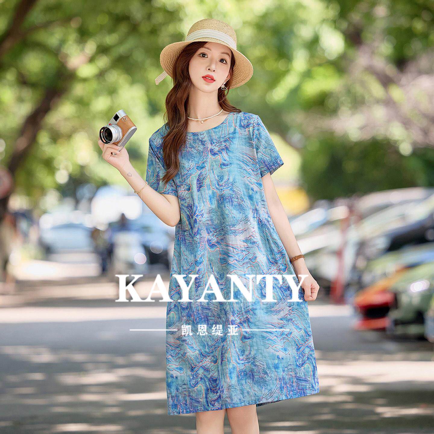 KAYANTY时尚印花棉麻连衣裙女2026夏薄款小个子休闲宽松显瘦裙子