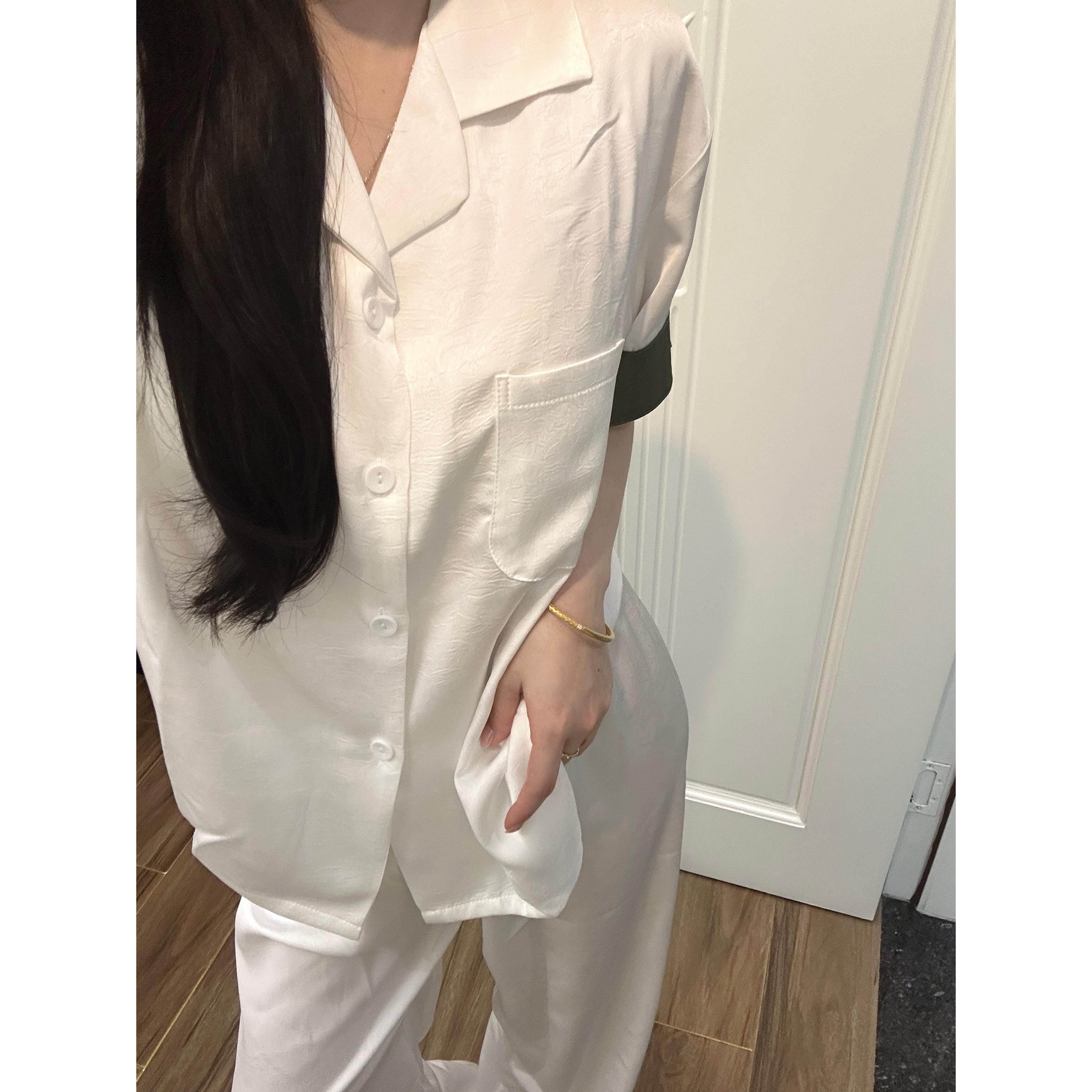 原创2026新款冰丝缎面情侣睡衣女夏薄款短袖长裤带胸垫家居服套装