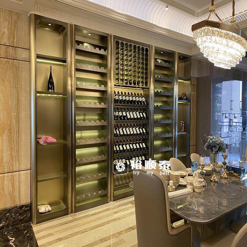 金属红酒展示柜陈列架 新中式博古架 钛金色不锈钢酒柜酒架