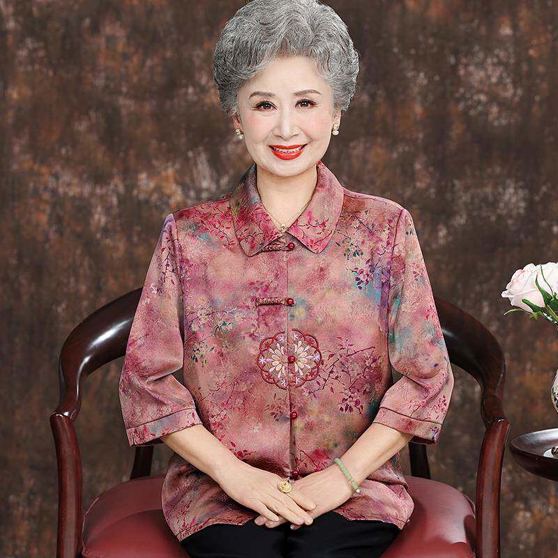高档中老年人衬衫女夏装桑蚕丝100%套装大码奶奶开衫真丝翻领上衣