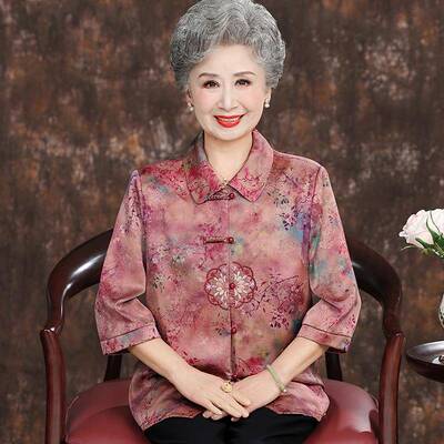 高档中老年人衬衫女夏装桑蚕丝100%套装大码奶奶开衫真丝翻领上衣
