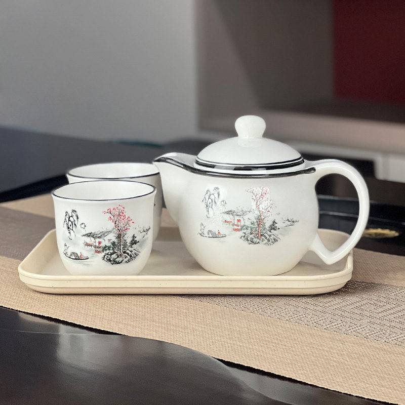 陶瓷新中式茶具小套装一壶二杯简约泡茶壶家用防烫功夫茶具