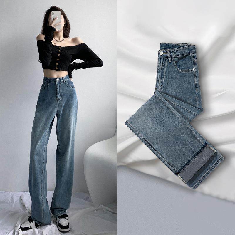 做旧洗水牛仔裤女高腰阔腿新款秋冬复古宽松显瘦直筒垂感拖地裤子