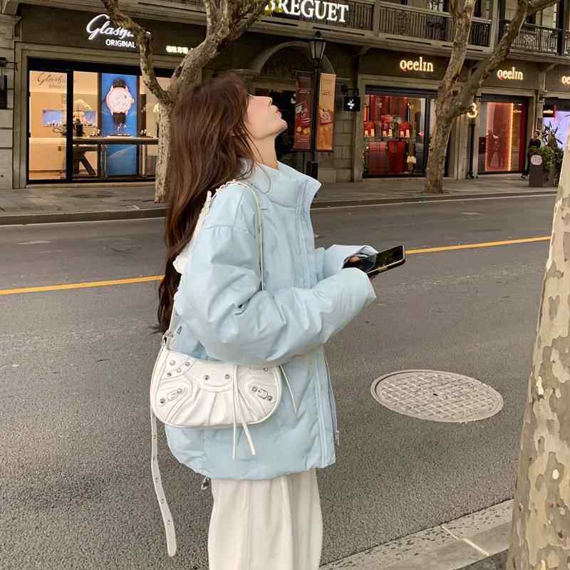 短款羽绒服女2024新款加厚菱格压印立领小个子潮牌情侣冬季外套男