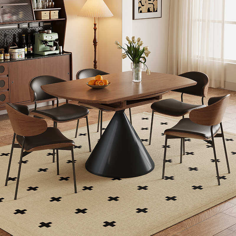 中古风实木餐桌复古风可伸缩家用小户型简约饭桌方圆两用可变圆桌