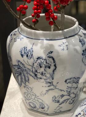 青花瓷手绘缠枝花纹八角将军罐景德镇陶瓷摆件仿古官窑装饰储物罐