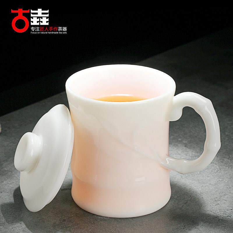 古垚/陈清宜手工德化白瓷办公室水杯带盖子茶杯玉瓷杯子/高升杯男
