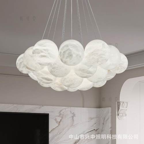 北欧风格圆球天然云石吊灯全铜客厅餐厅灯轻奢奶油风别墅吊线灯具