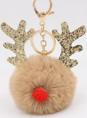 圣诞鹿角毛球钥匙扣 圣诞老人亮片毛球包包挂件配饰钥匙圈小礼品