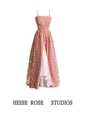 海边度假红色格子吊带连衣裙女夏季2025新款蕾丝拼接显瘦抹胸长裙