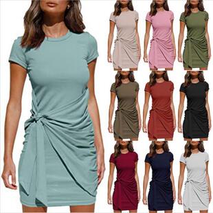 Women's Solid Color Round Neck Shortsleeve Knot Side Dress
