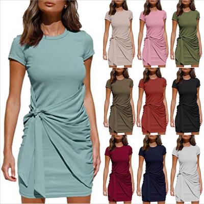 Women's Solid Color Round Neck Shortsleeve Knot Side Dress