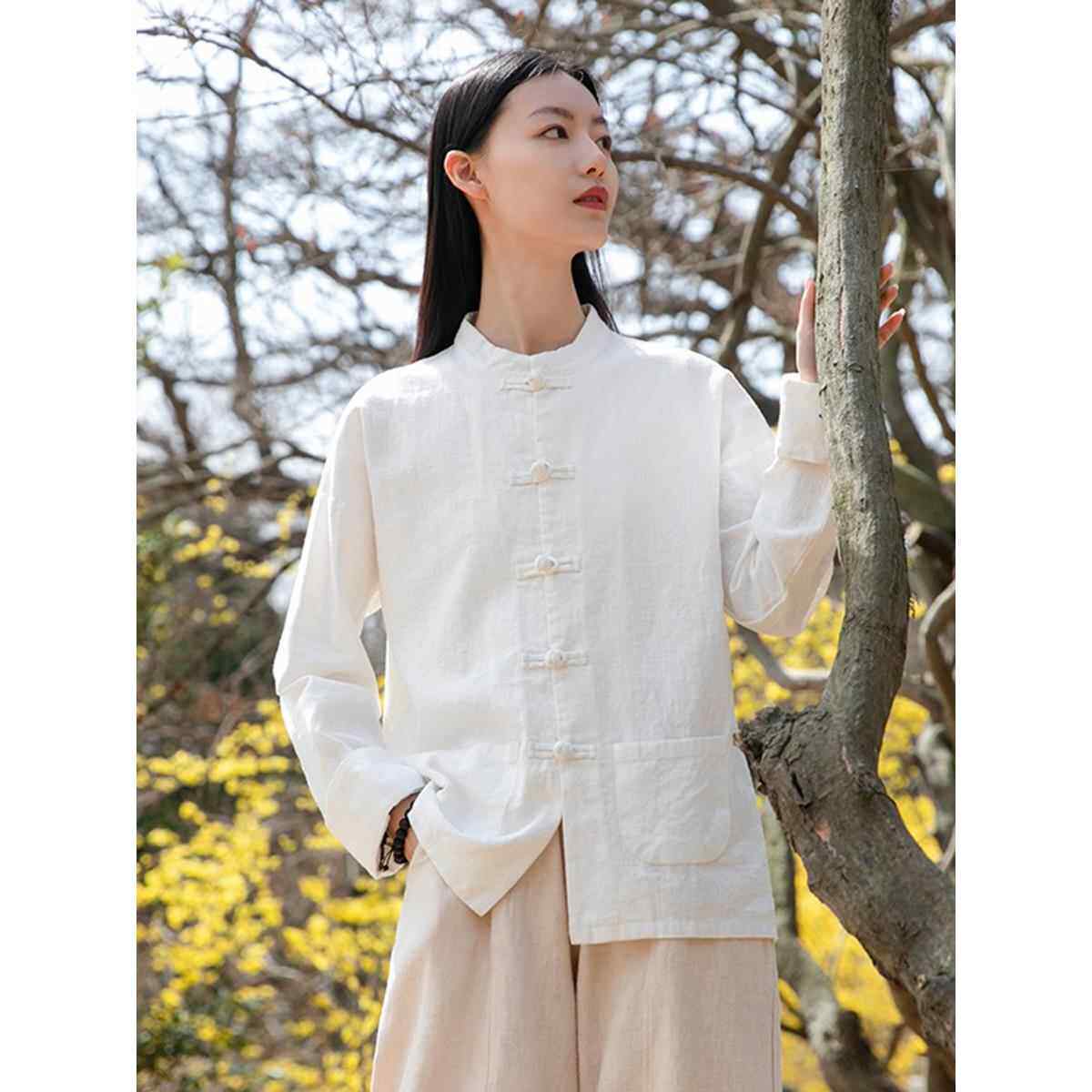采购产品棉麻中式女服，秋季禅茶服，覆古扣民族风上衣，苎麻立领
