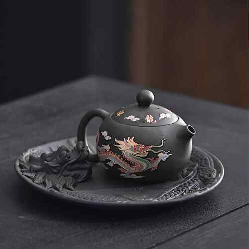 文创茶托盘茶点盘纯手工浮雕龙形壶承干泡盘杯托茶道紫砂茶盘盘龙