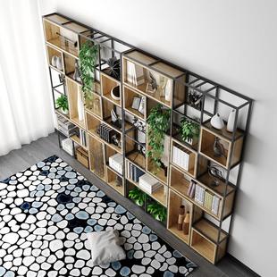 铁艺隔板置物架办公室屏风现代实木书架落地展示架工业风置物架