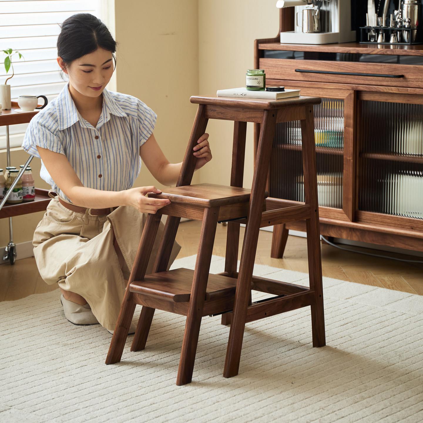 北美黑胡桃木实木家用梯凳折叠梯人字梯客厅登高楼梯小梯子花架子
