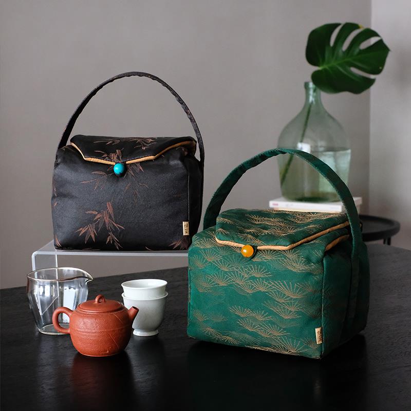 新中式手工一壶两杯茶事包香云纱红云纱提花户外可携式茶具分隔收