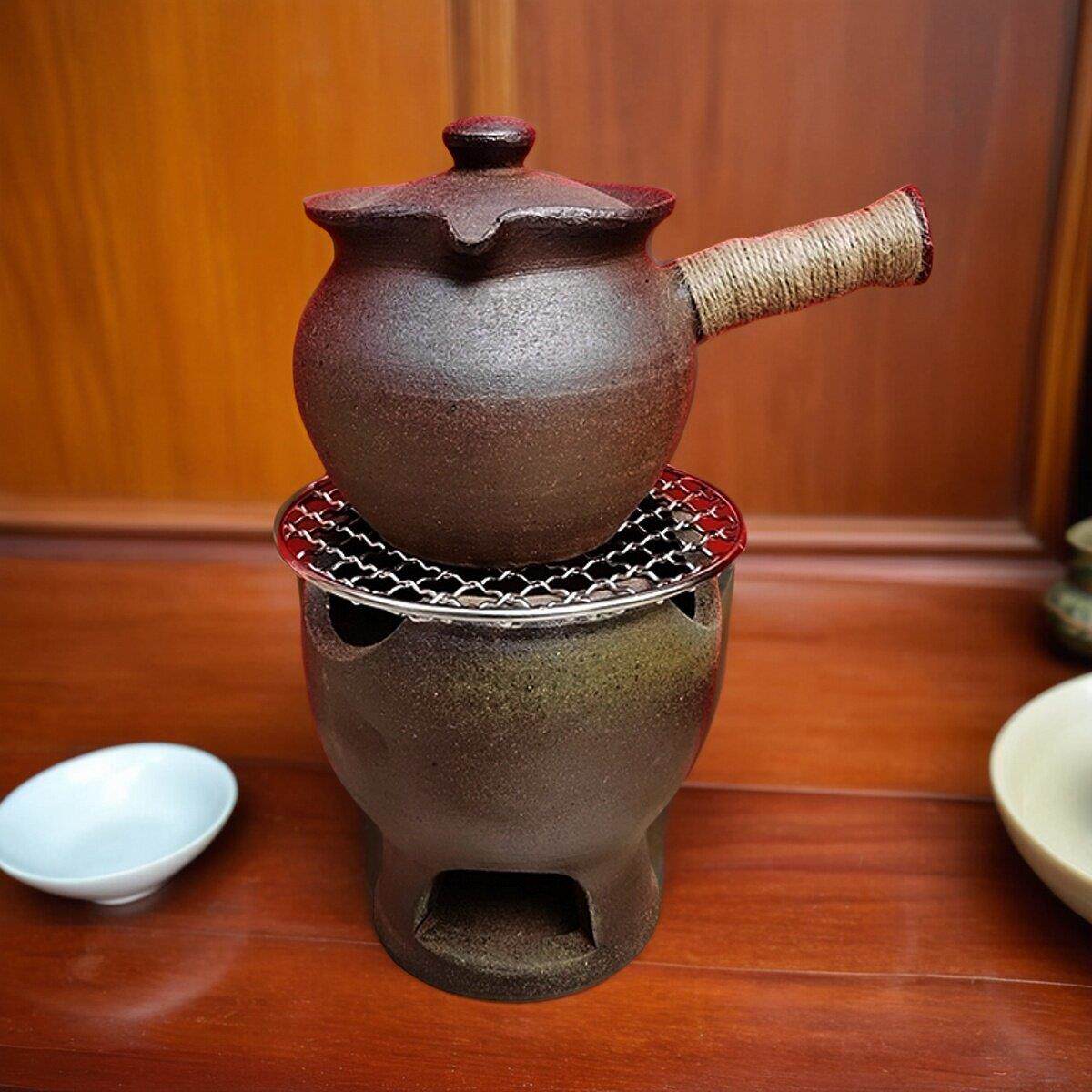 云南烤茶罐粗陶泥碳烤炉全手工老岩泥松木柴烧侧把带盖公道壶煮茶
