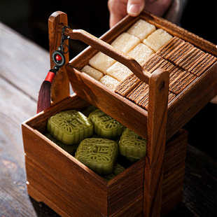 婚庆中式点心礼品盒多层盒手提篮一体新礼品胡桃木茶收纳盒提盒