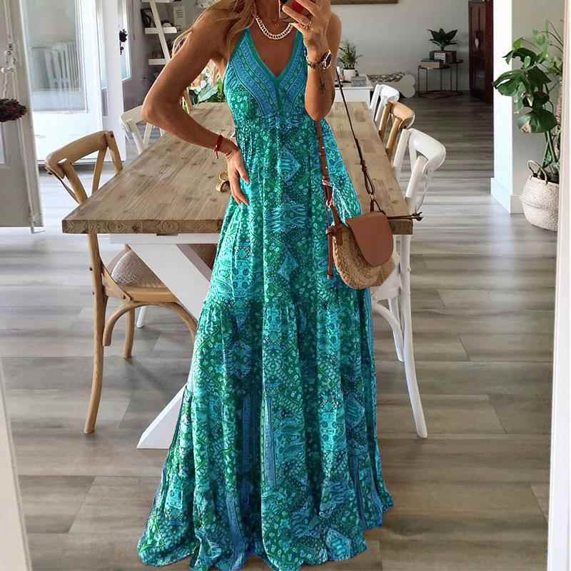 Bohemian style suspender long skirt high waist V neck